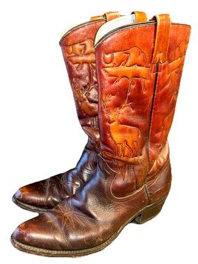 Vintage Texas Cowboy Boots Brown Leather USA Made Men 9 Women 10.5 Deer Size 9D